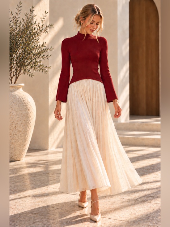 Tuckernuck Dresses & Skirts - Gorgeous Tuckernuck x Moon River Burgundy and Cream Shirred Mock Neck Dress